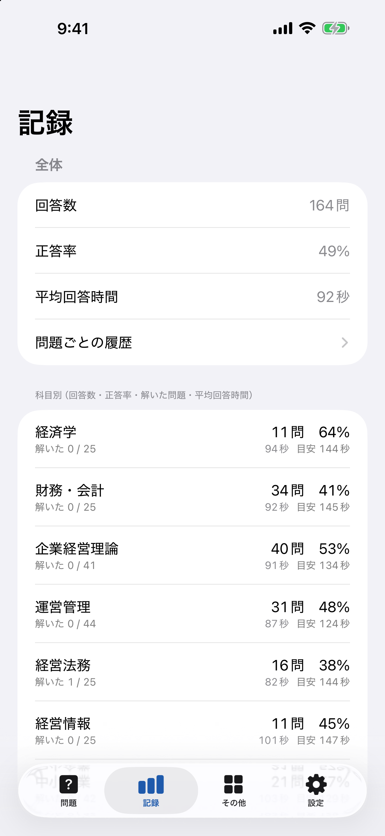 記録画面。回答数・正答率・科目別