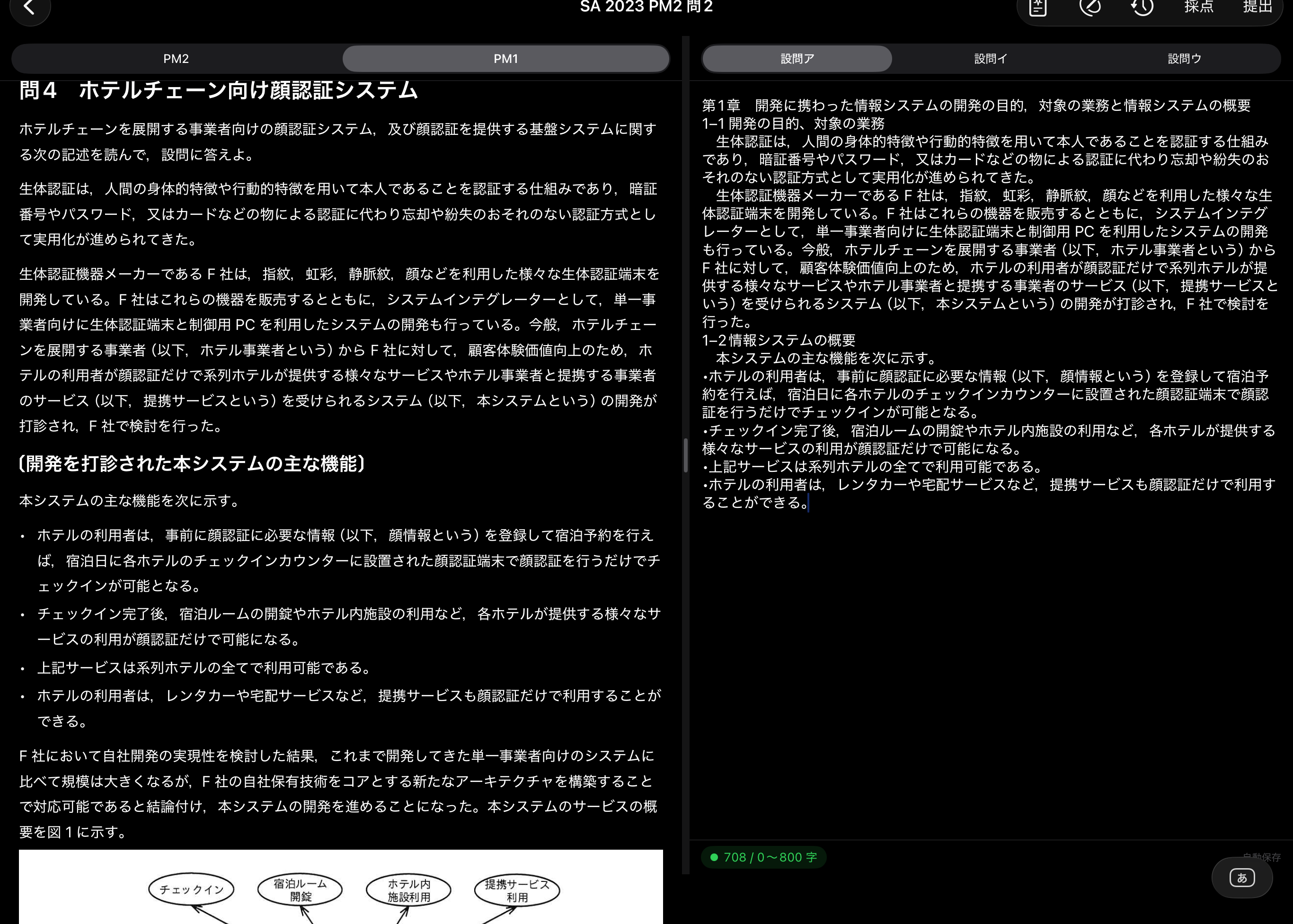 STSAドリル 2画面エディタ。左に午後Ⅰ問題、右に下書（設問ア）と文字数カウント