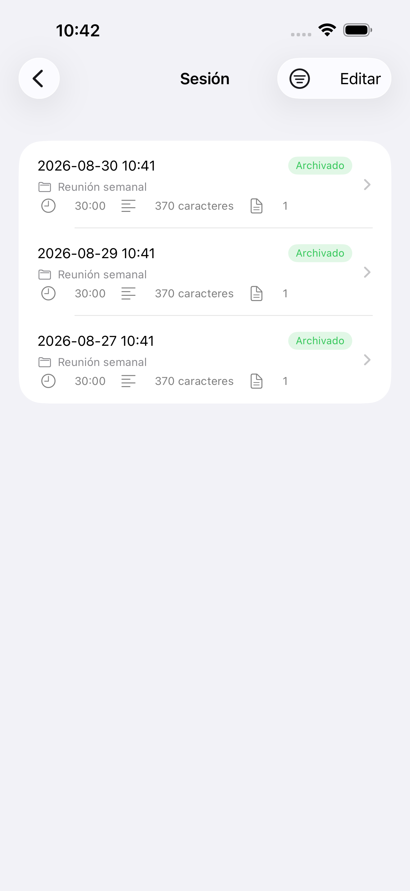 Lista de sesiones