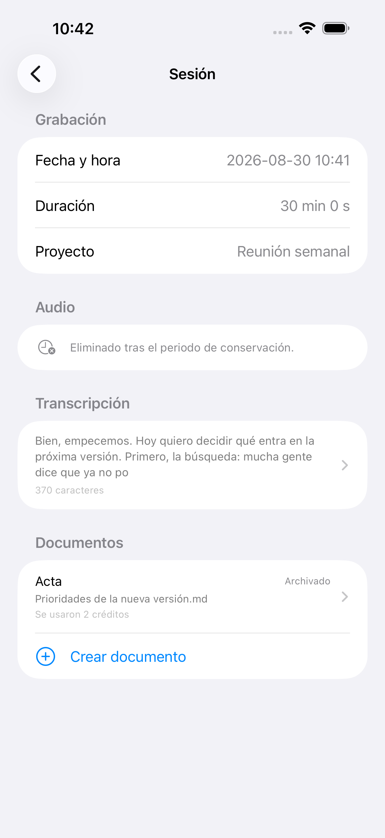 Detalle de la sesión