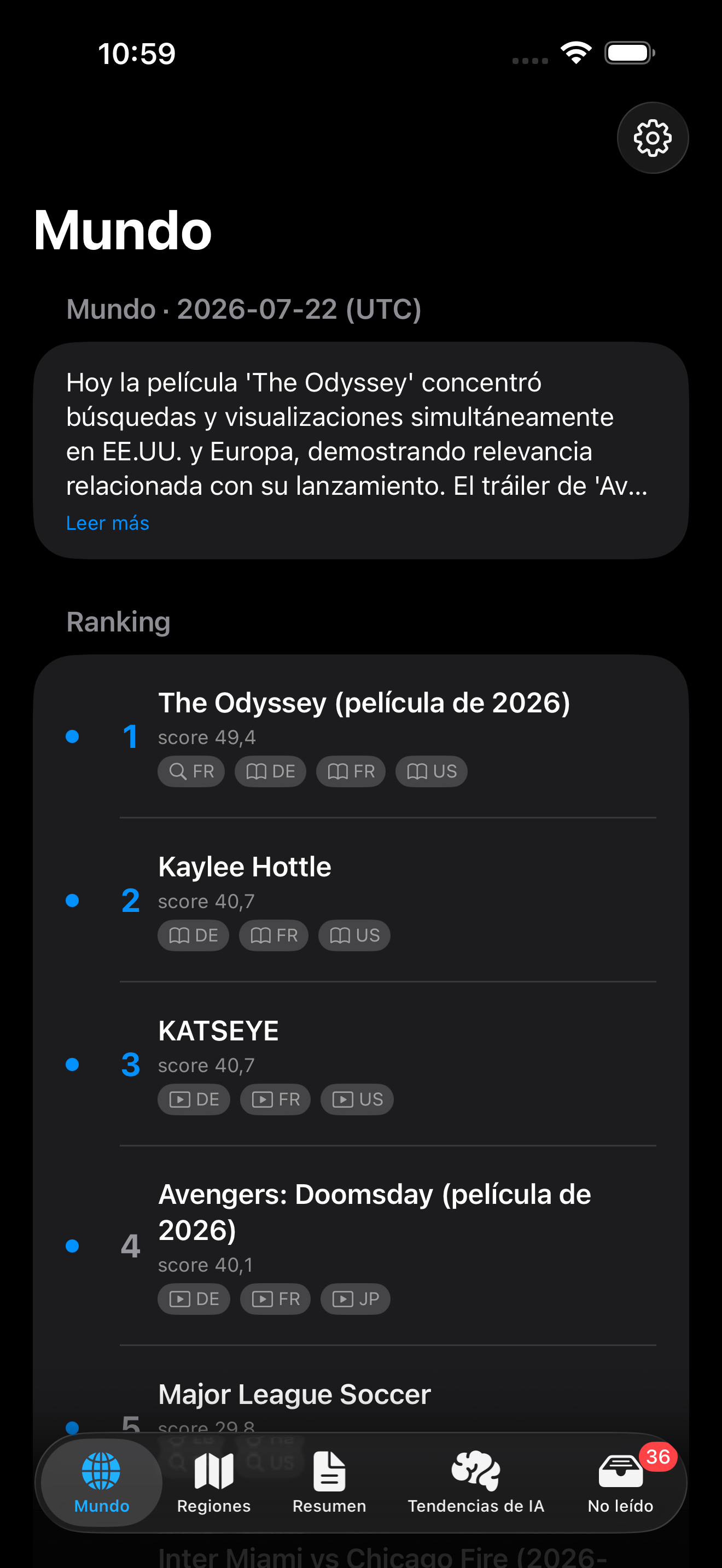 Pantalla del ranking mundial
