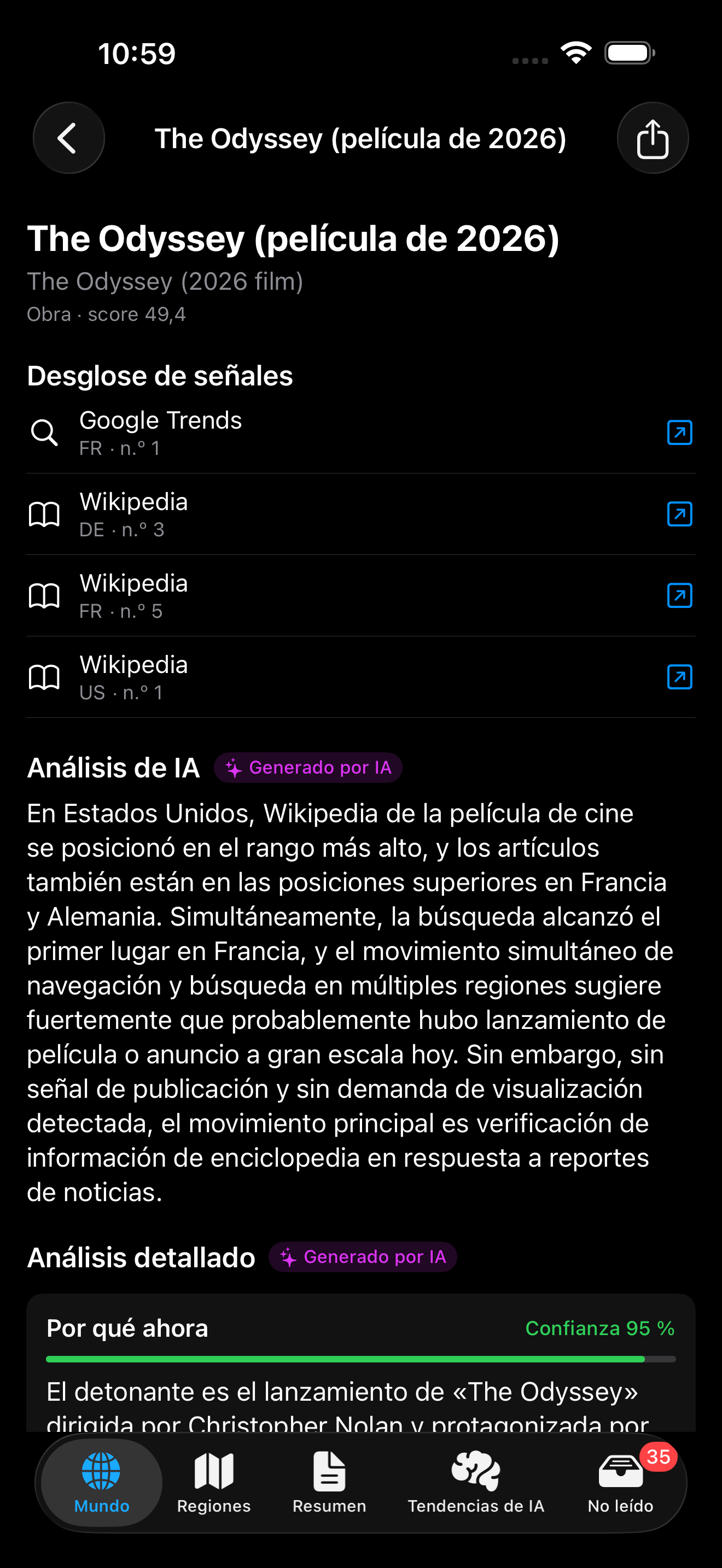Pantalla de desglose de señales