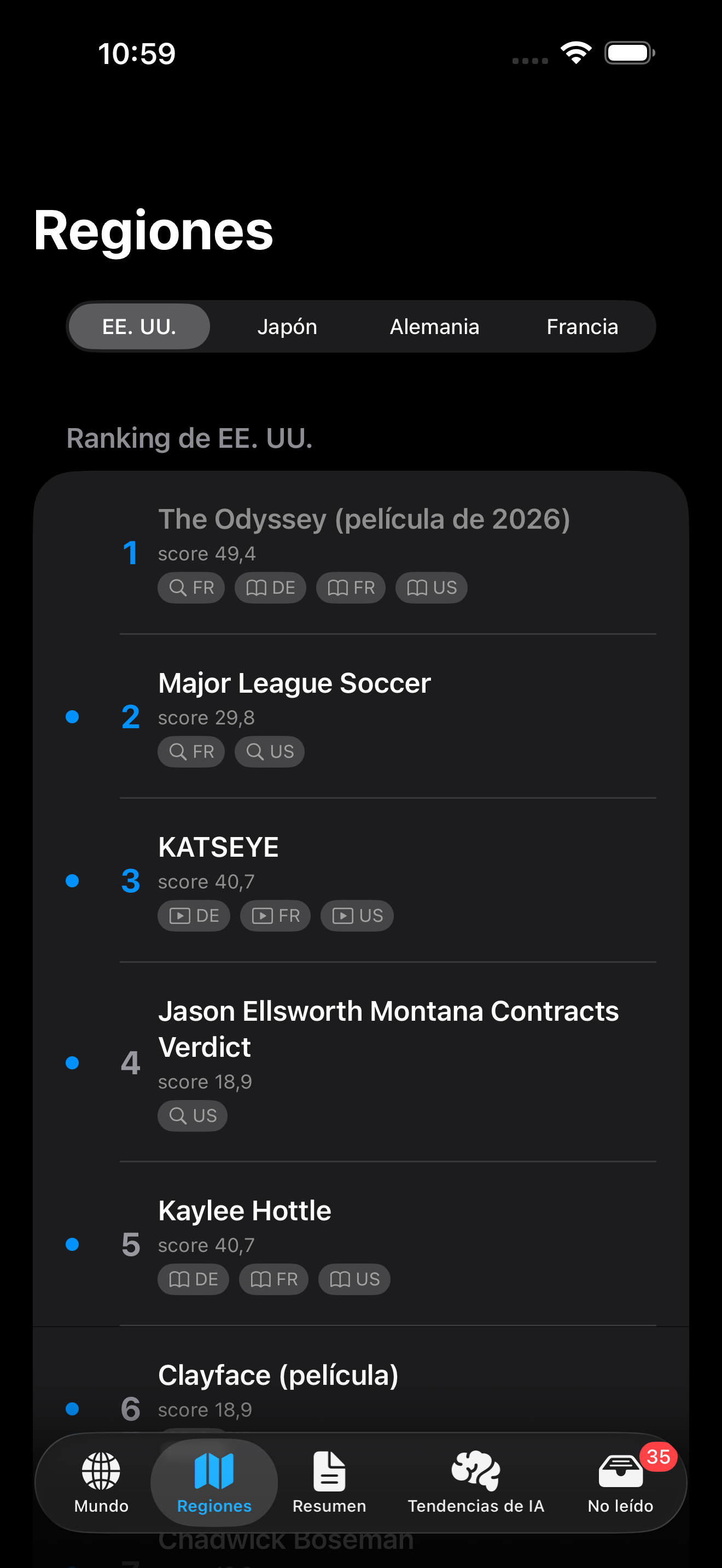 Pantalla del ranking por región